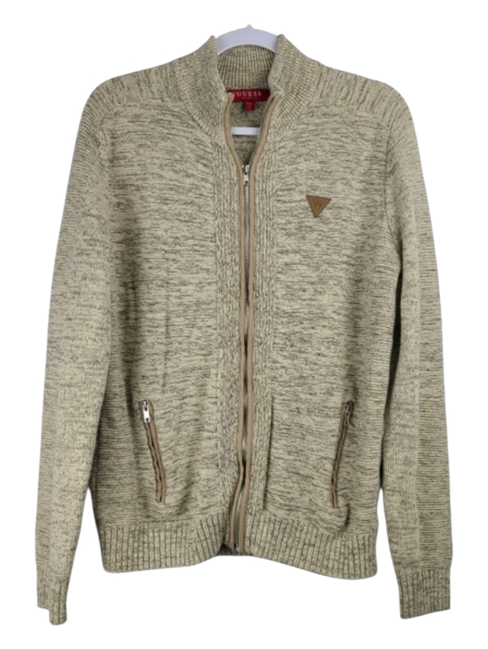 GUESS Cable Knit Zip Up Cardigan Sz L Cream | Men's Sweater Pockets Preppy Cozy